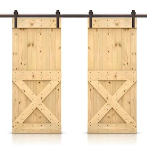 Mini X 48 in. x 84 in. Unfinished Stained DIY Solid Pine Wood Interior Double Sliding Barn Door with Hardware Kit