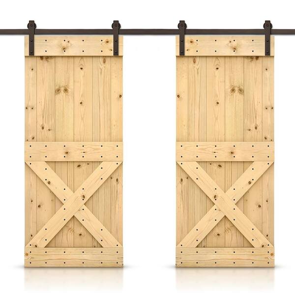 Mini X 96 in. x 84 in. Unfinished Stained DIY Solid Pine Wood Interior Double Sliding Barn Door with Hardware Kit