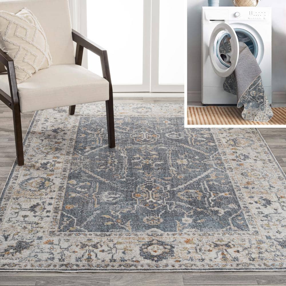 Dark Gray and Cream 8' x 10' Reversible Washable Synthetic Area Rug