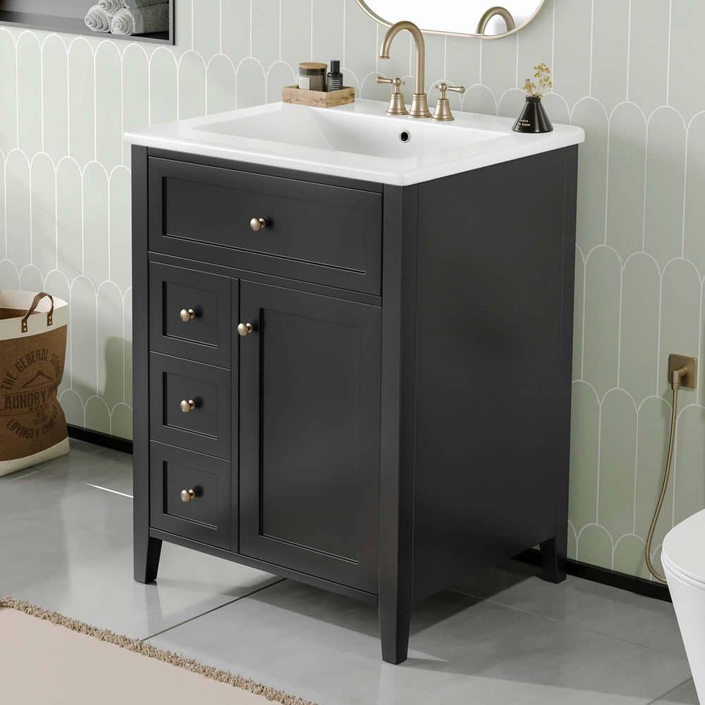 24 in. Freestanding Black Bath Vanity with White Ceramic Top, 3-Drawers and Adjustable Shelves price history on PriceWatchPro