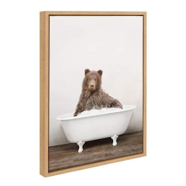 Sylvie "Bear Rustic Bubble Bath" by Amy Peterson Art Studio Natural Framed Art Print 18 in. x 24 in.