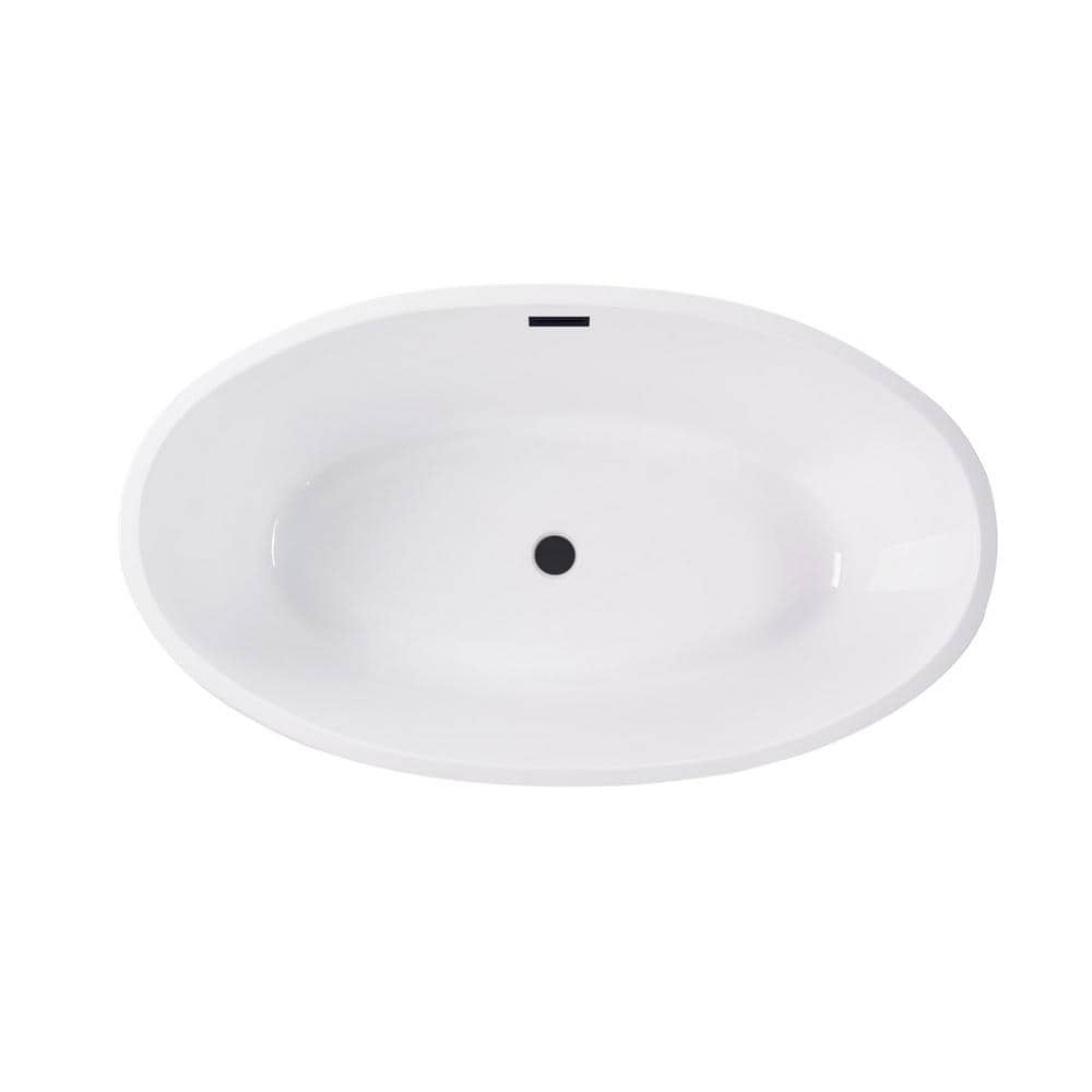59" White Acrylic Freestanding Soaking Bathtub with Matte Black Drain