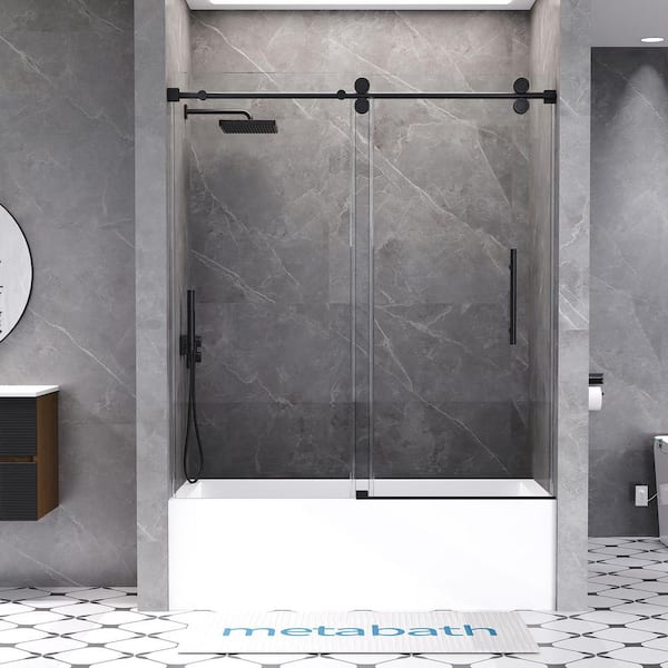 Feelive 56 to 60 in. W x 66 in. H Single Sliding Frameless Tub Door in Matte Black with 5/16 in. Tempered Clear Glass