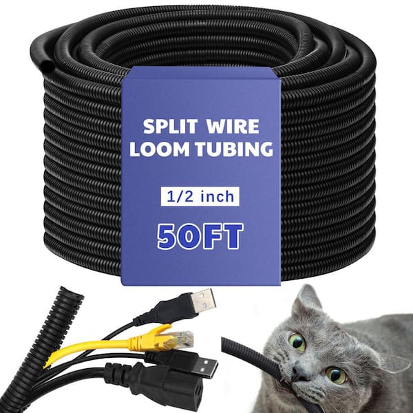 1/2 in. x 1/2 in. x 50 ft. R-1 plit Flame Retardant Wire Loom High Temperature Cable Conduit Sheathing, Black (1-Pack)