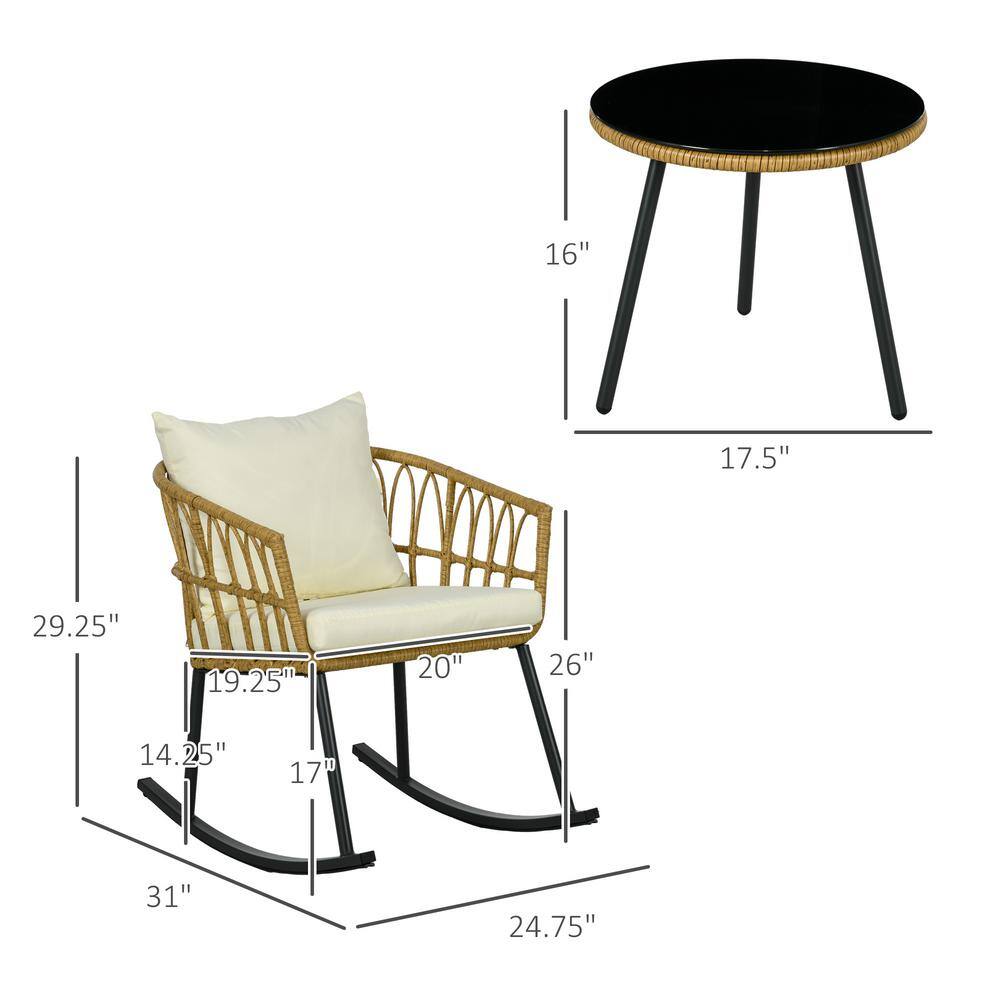 Cream White Cushioned Wicker Rocking Chair Patio Set with Glass Table