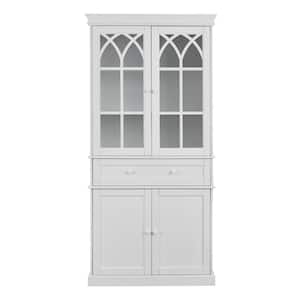 72 in. White Tall Storage Cabinet with Glass Doors and Adjustable Shelves, Large Cupboard with Drawers