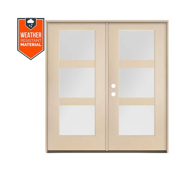 Krosswood Doors BRIGHTON Modern 72 in. x 79 in. 3-Lite Right-Active/Inswing Satin Glass Unfinished Double Fiberglass Prehung Front Door