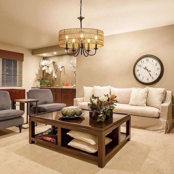 Boho 20 in. 5-Light Beige Rattan Pendant Light Chandelier