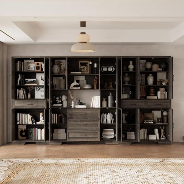 78.7 in. Tall Dark Oak Wood 28-Shelf Wall Unit Bookcase with Soft Close Hinges, Anti-Tip Kit and Drawers