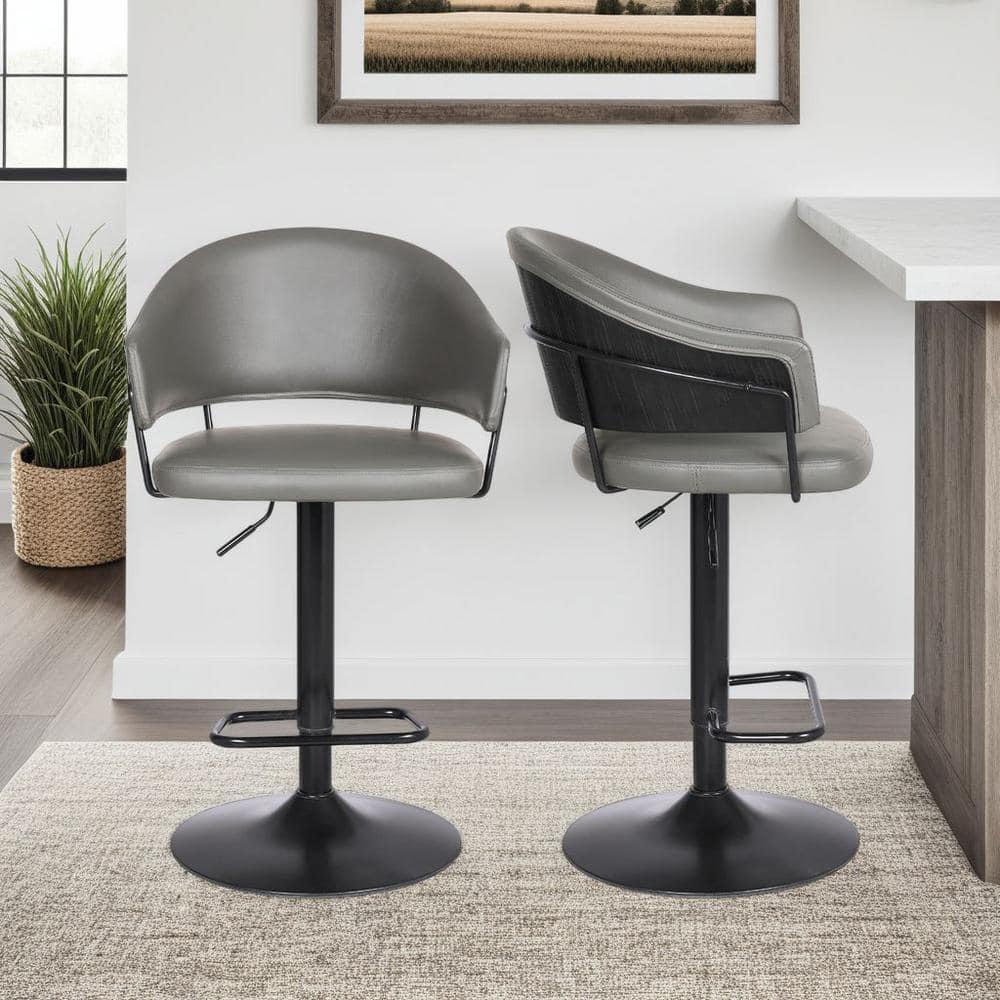 Brody Adjustable Gray Faux Leather Swivel Bar Stool In Black Powder Coated 