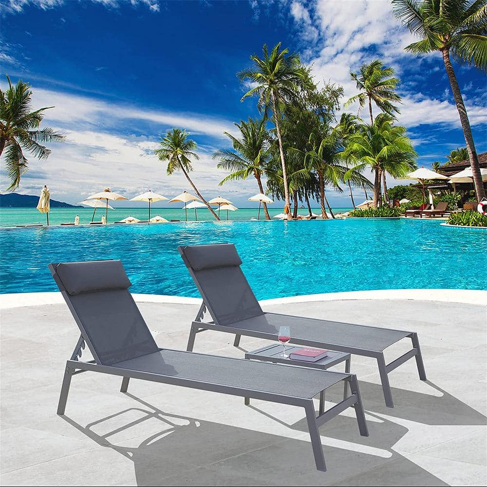  Gray Steel Frame 5 Position Adjustable Outdoor Farbic Chaise Lounge with Headrest, Table for Patio, Beach, Yard, Pool