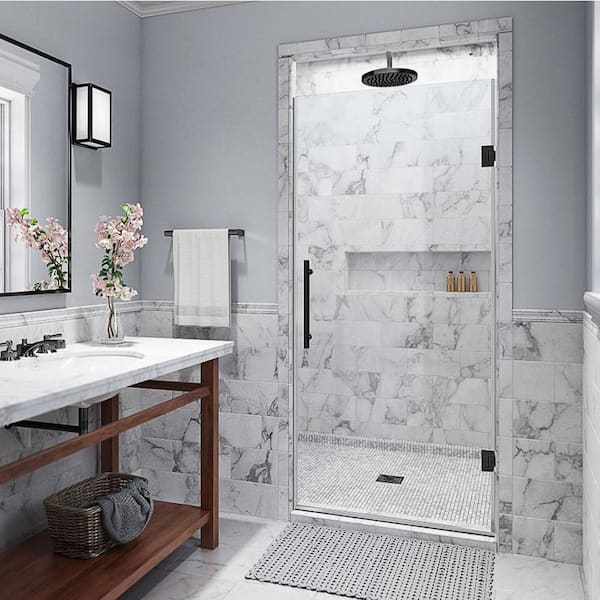 Aston Kinkade 30.75 - 31.25 in. W x 72 in. H Frameless Hinged Shower Door with StarCast Clear Glass in Oil Rubbed Bronze