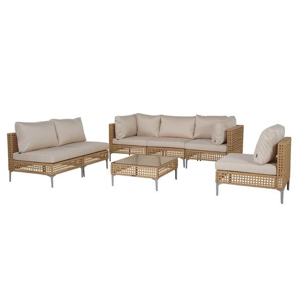 Mondawe Mongue Iron Frame Beige Rattan 7-Piece Wicker Corner Sofa with Detachable Structure, Gray Cushion for Gazebo
