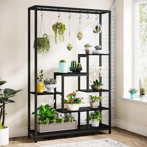 Wellston 70.86 in. Black 5-Tier Wooden Indoor Plant Stand, Tall Flower Rack with 10-Hook