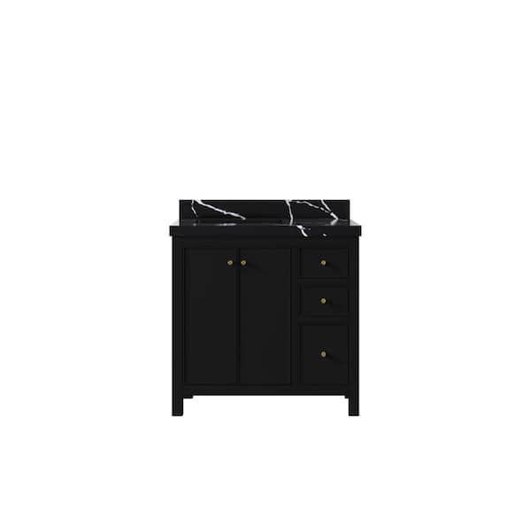 Willow Collections Chicago 36 in. W x 22 in. D x 36 in. H Single Left Offset Sink Bath Vanity in Black with 2 in. Calacatta Black qt. Top