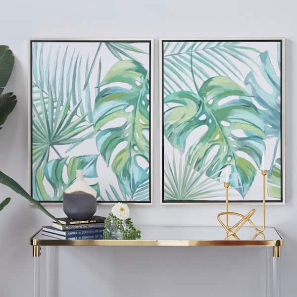 2- Panel Leaf Tropical Framed Wall Art with Silver Frame 32 in. x 24 in.