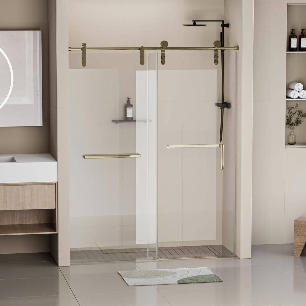 60" Gold Frameless Single Sliding Shower Door with Clear Tempered Glass