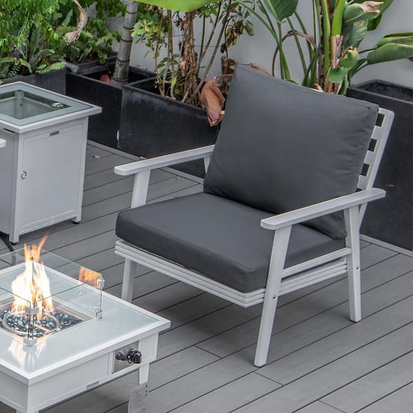Leisuremod Walbrooke Modern White Aluminum Outdoor Arm Chair w/ Powder Coated Frame and Removable Cushions in. Charcoal (Set of 2)
