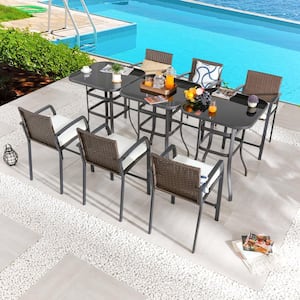 9-Piece Wicker Bar Height Outdoor Dining Set with Beige Cushions