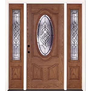 67.5 in.x81.625 in. Lakewood Patina 3/4 Oval Lt Stained Medium Oak Right-Hand Fiberglass Prehung Front Door w/Sidelites