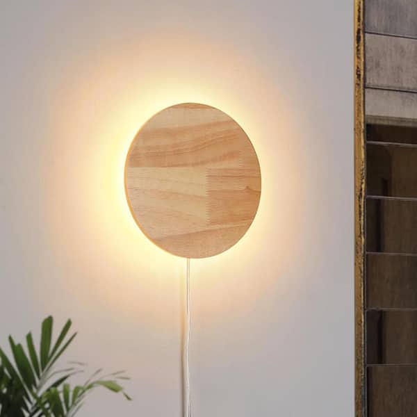 Zompoo Modern 7.9 in. 1-Light Plug in LED Wall Sconces with Round Wood Base, Farmhouse Reading Wall Lamp with Switch