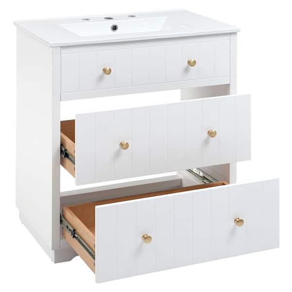 Cesicia Modern 30 in. W. x 18.3 in. D x 34 in. H Single Sink Freestanding Bath Vanity in White White Ceramic Top and 2-Drawers