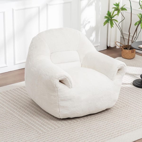 White Faux Fur Medium Bean Bag Chair, Bean Bag Sofa with Back Support, Floor Sofa for Living Room, Bedroom, Apartment