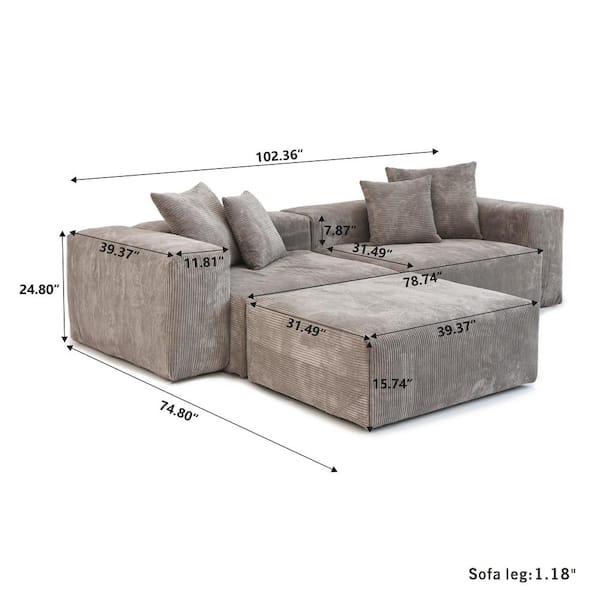 Magic Home 102 in. Square Arm Extra Oversized 3-Piece L-Shaped Corduroy Modular Deep Seat Sectional Sofa Couch with Ottoman, Brown MH-NL126BR-S2+1