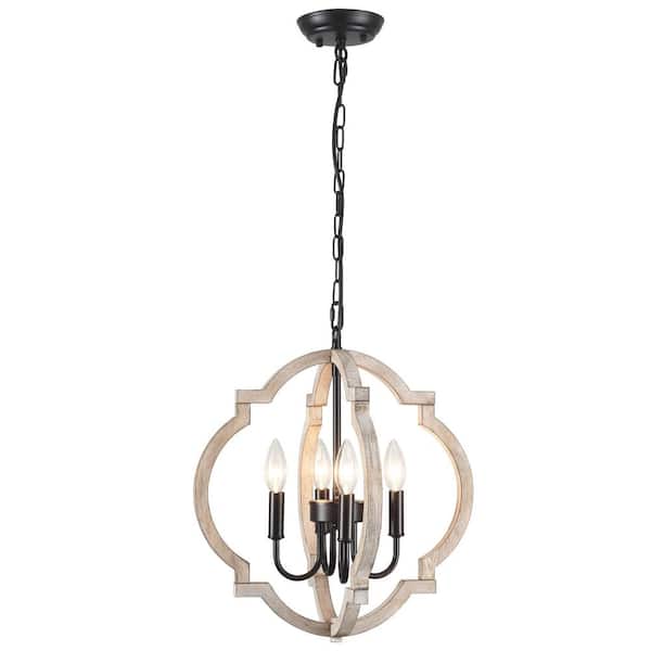 4-Light Dimmable Black Distressed Wood Farmhouse Country Geometric Chandelier for Kitchen Island with No Bulbs Included