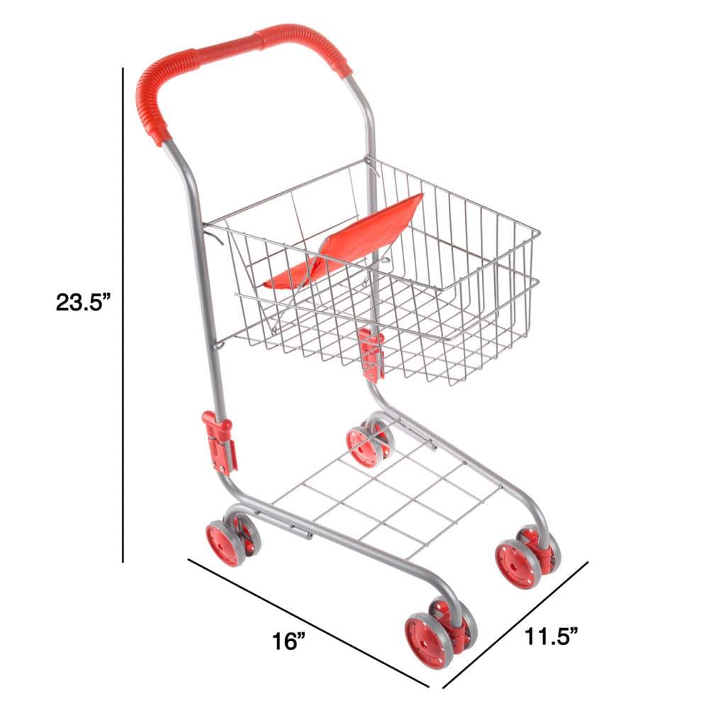 Red and Silver Metal Pretend Play Grocery Cart for Kids