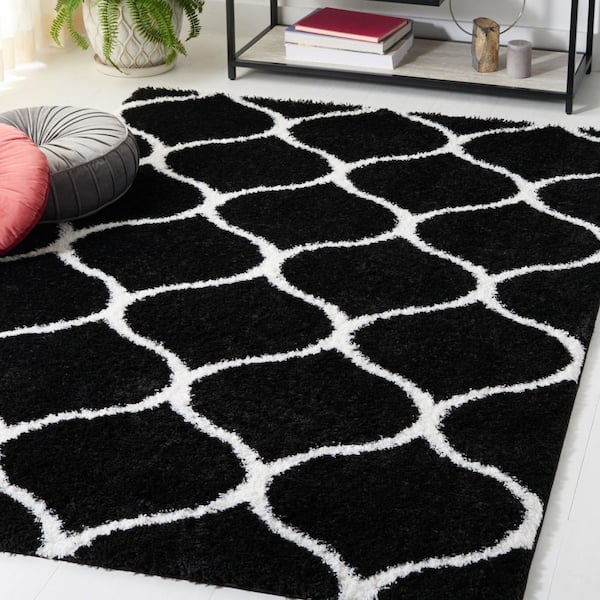 Tahoe Shag 7 ft. x 9 ft. Black/White Trellis Modern Area Rug