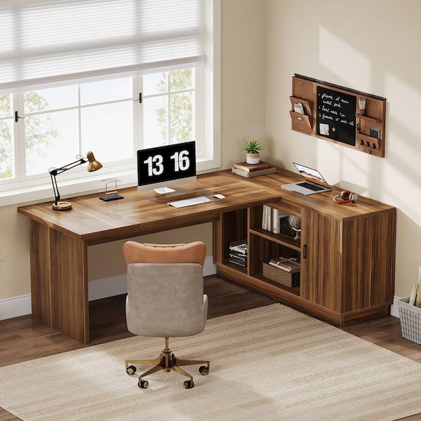70.8 in. Light Walnut L-Shaped Wood Executive Desk with File Cabinet, Computer Desk with Storage Shelves for Home Office