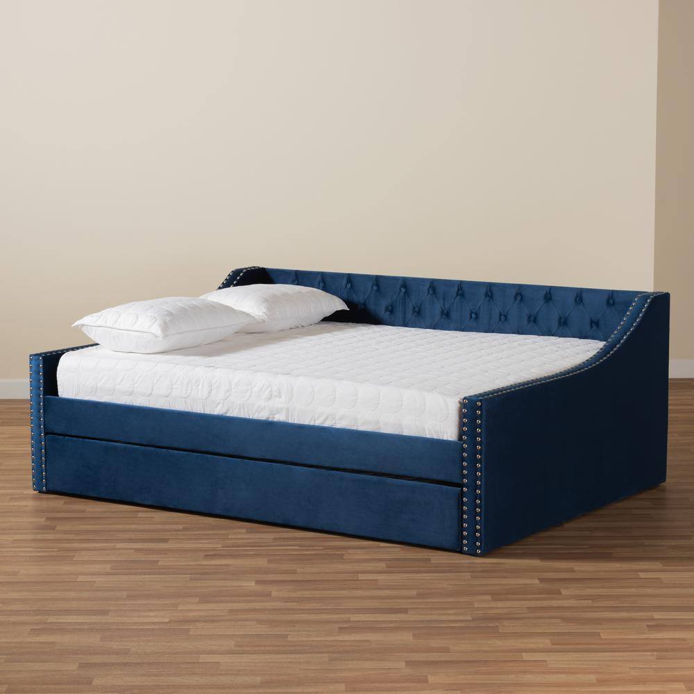 Navy Blue Velvet Queen Daybed with Nailhead Trim and Trundle