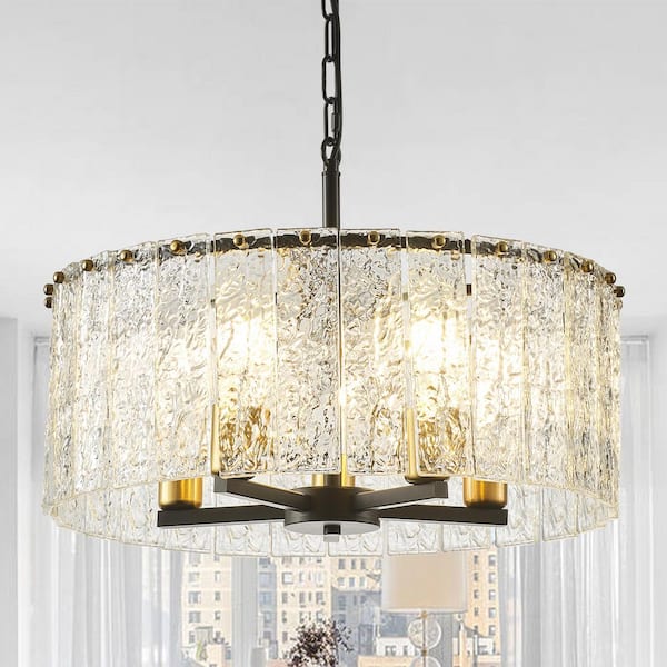 Modern 5-Light Black and Brass Drum Glass Shade Chandelier Luxury Pendant Light