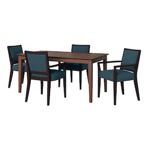 Anya 5-Piece Smart Top Walnut Dining Table & Upholstered Arm Chairs in Denim Blue Fine Polyester