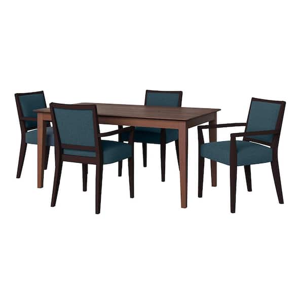 Handy Living Anya 5-Piece Smart Top Walnut Dining Table & Upholstered Arm Chairs in Denim Blue Fine Polyester