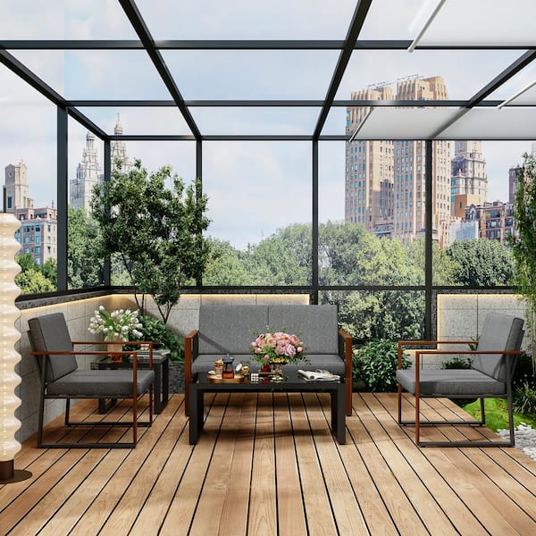 Kingdely Black Finished 5-Piece Metal Patio Conversation Deep Seating Set with CushionGuard & Tempered Glass Table, Gray Cushion