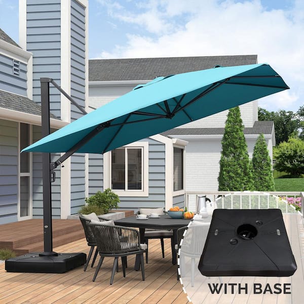 PURPLE LEAF 11 ft. Square Large Outdoor Aluminum Cantilever 360° Rotation Patio Umbrella with Base, Turquoise Blue