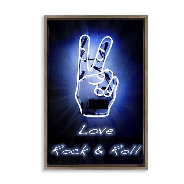 Stupell Industries Love Rock and Roll Neon by Graffi tee Studios Brown Floater Frame Typography Graphic Art Print 31 in. x 21 in.