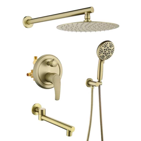 Single Handle 3-Spray Tub and Shower Faucet 2.5 GPM, 10 in. Head Shower and Hand Shower in Brushed Gold Valve Included