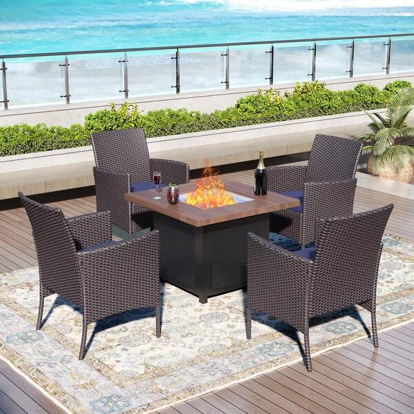 PHI VILLA 5-Piece Black Metal Patio Fire Pit Set, Wood-like Metal Steel Gas Fire Pit Table and Rattan Chairs with Blue Cushions