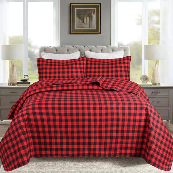 MarCielo ME506 Christmas Red Buffalo Plaid Check Queen Size Polyester Quilt Bedspread Set