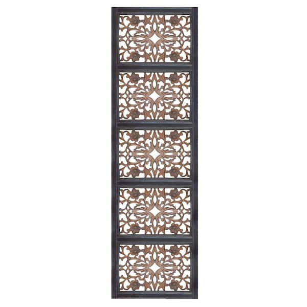 Benjara Burnt Black Wooden Rectangular Wall Panel with Intricate Floral Carvings