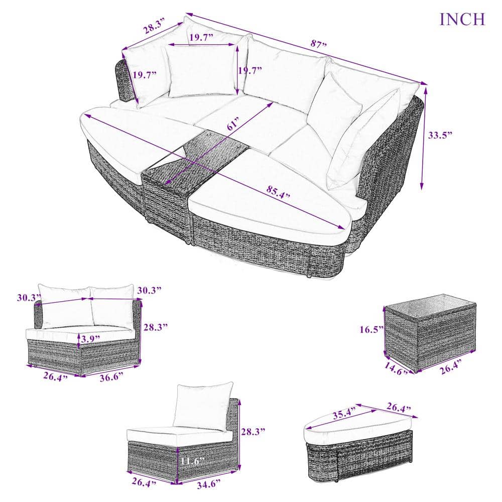 Brown Steel Frame 5-Person Outdoor Sectional Sofa Set with Cushions