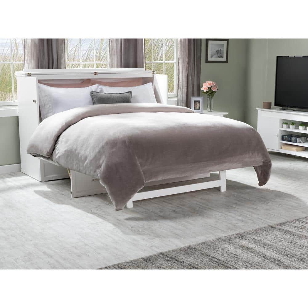 White Coastal Queen Murphy Bed Chest with Charging Station