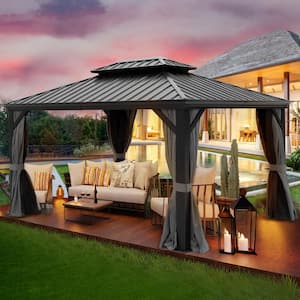 10 ft. x 12 ft. Aluminum Double Galvanized Steel Roof Gazebo with Ceiling Hook Mosquito Netting and Curtains, Dark Black