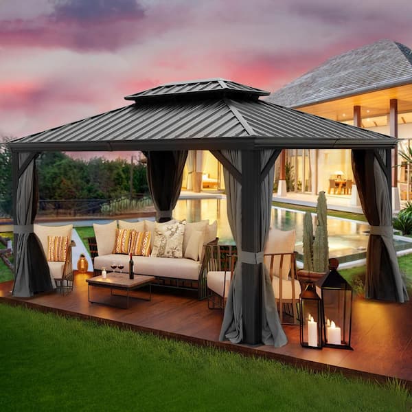 ToolCat 10 ft. x 12 ft. Aluminum Double Galvanized Steel Roof Gazebo with Ceiling Hook Mosquito Netting and Curtains, Dark Black