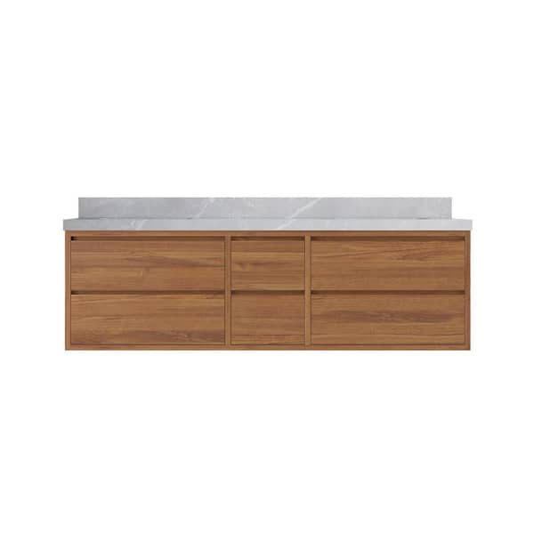 Willow Collections Madison Float 72 in. W x 22 in. D x 36 in. H Double Sink Bath Vanity in Dark Natural with 2" Pearl Gray Qt. Top