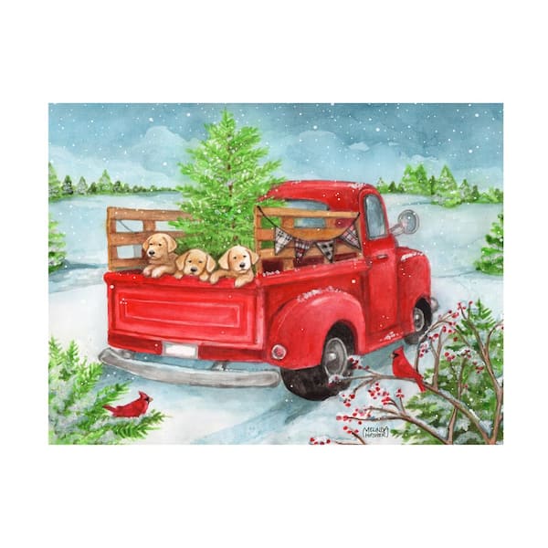 Trademark Fine Art Unframed Home Melinda Hipsher 'Red Truck Christmas Tree And Puppies Snowing' Photography Wall Art 18 in. x 24 in.