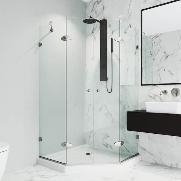 VIGO Gemini 48 in. L x 48 in. W x 77 in. H Frameless Pivot Neo-Angle Shower Enclosure Kit in Brushed Nickel with Clear Glass